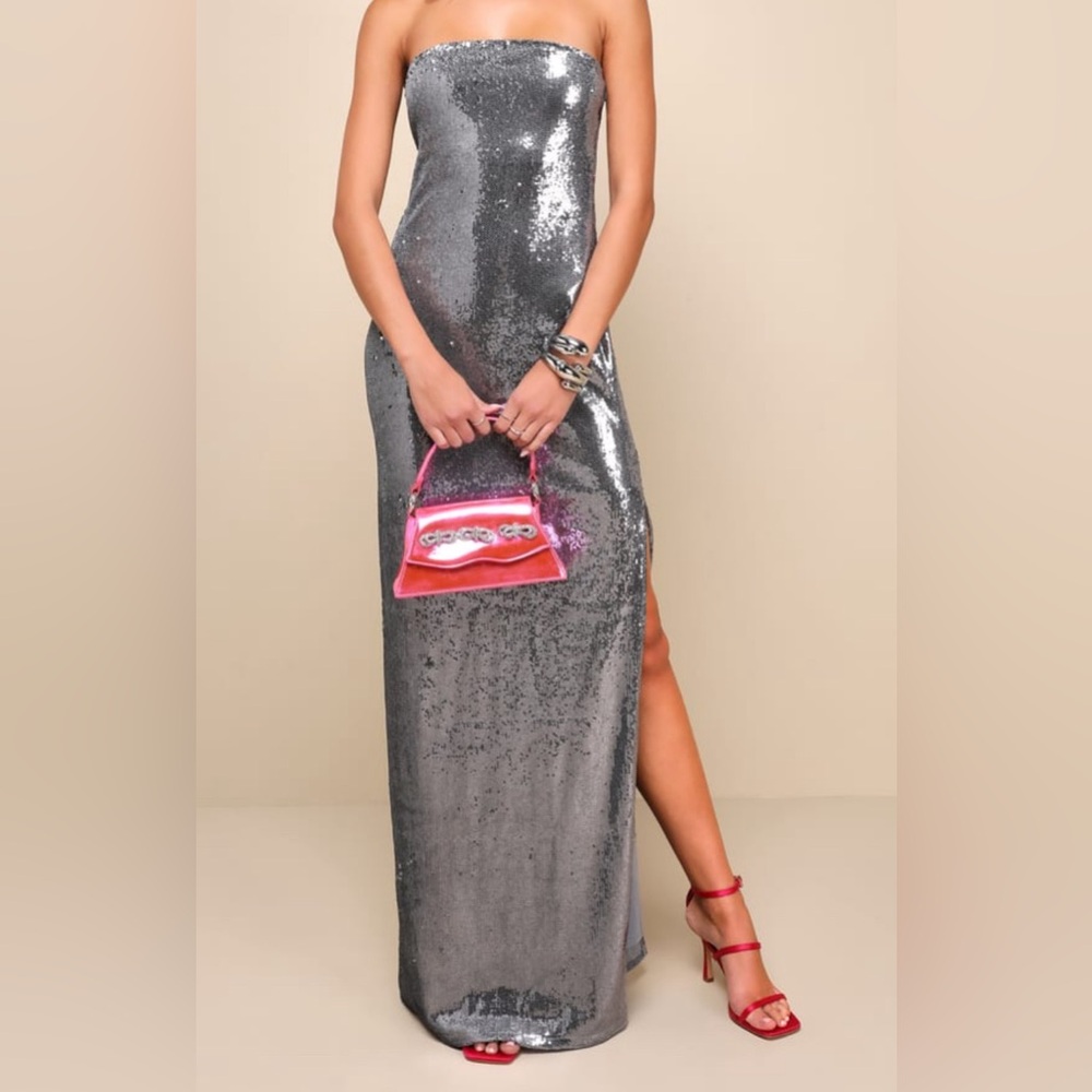 Lulu’s Grey Sequin Strapless Column Dress NWT